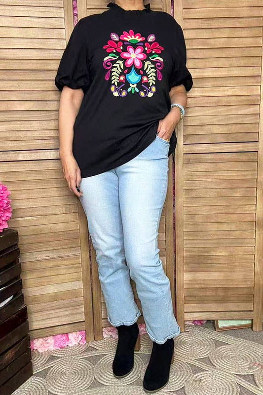 Floral embroidery black puff sleeve women top XCH16738