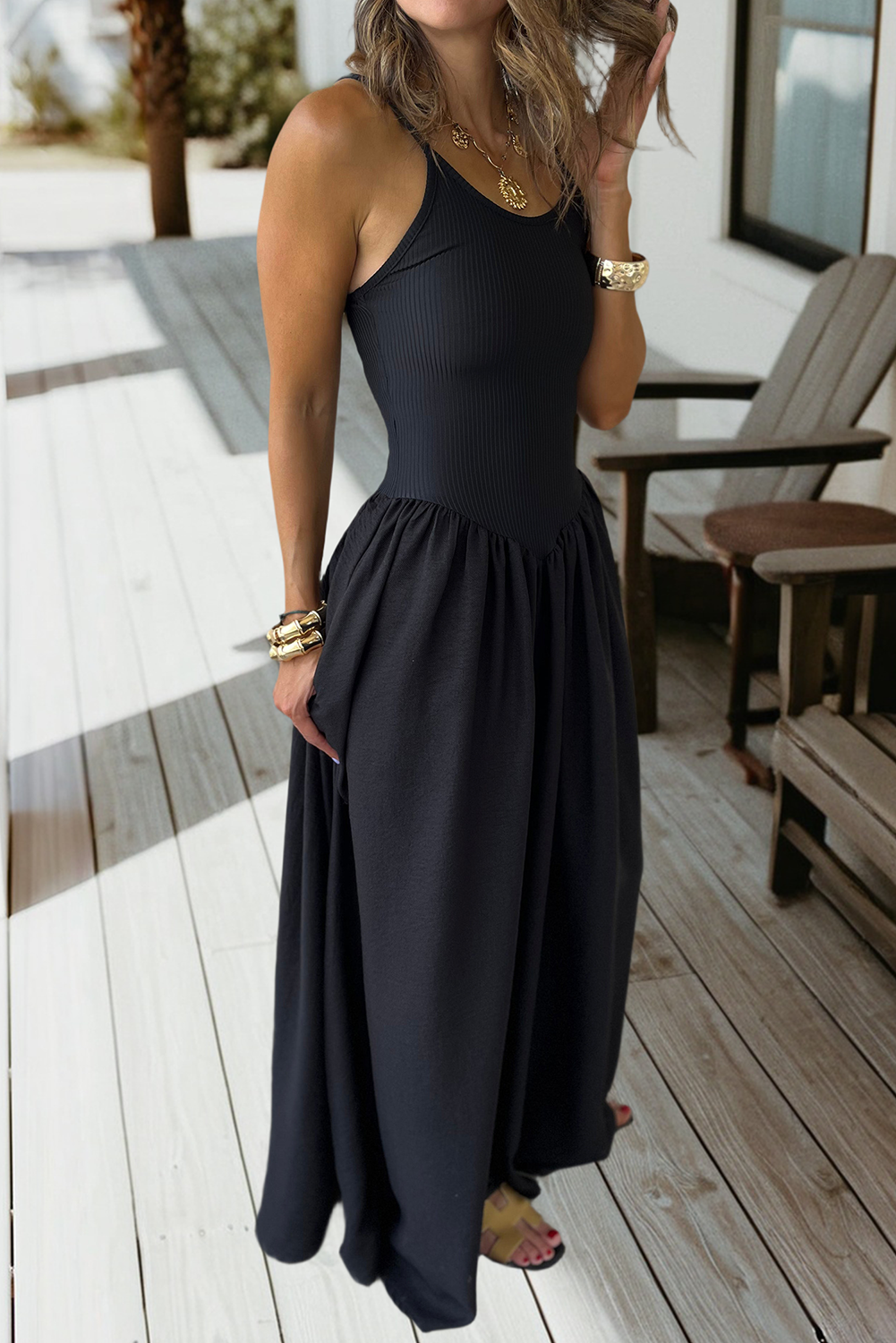 Spaghetti Straps Ribbed Patchwork Dress