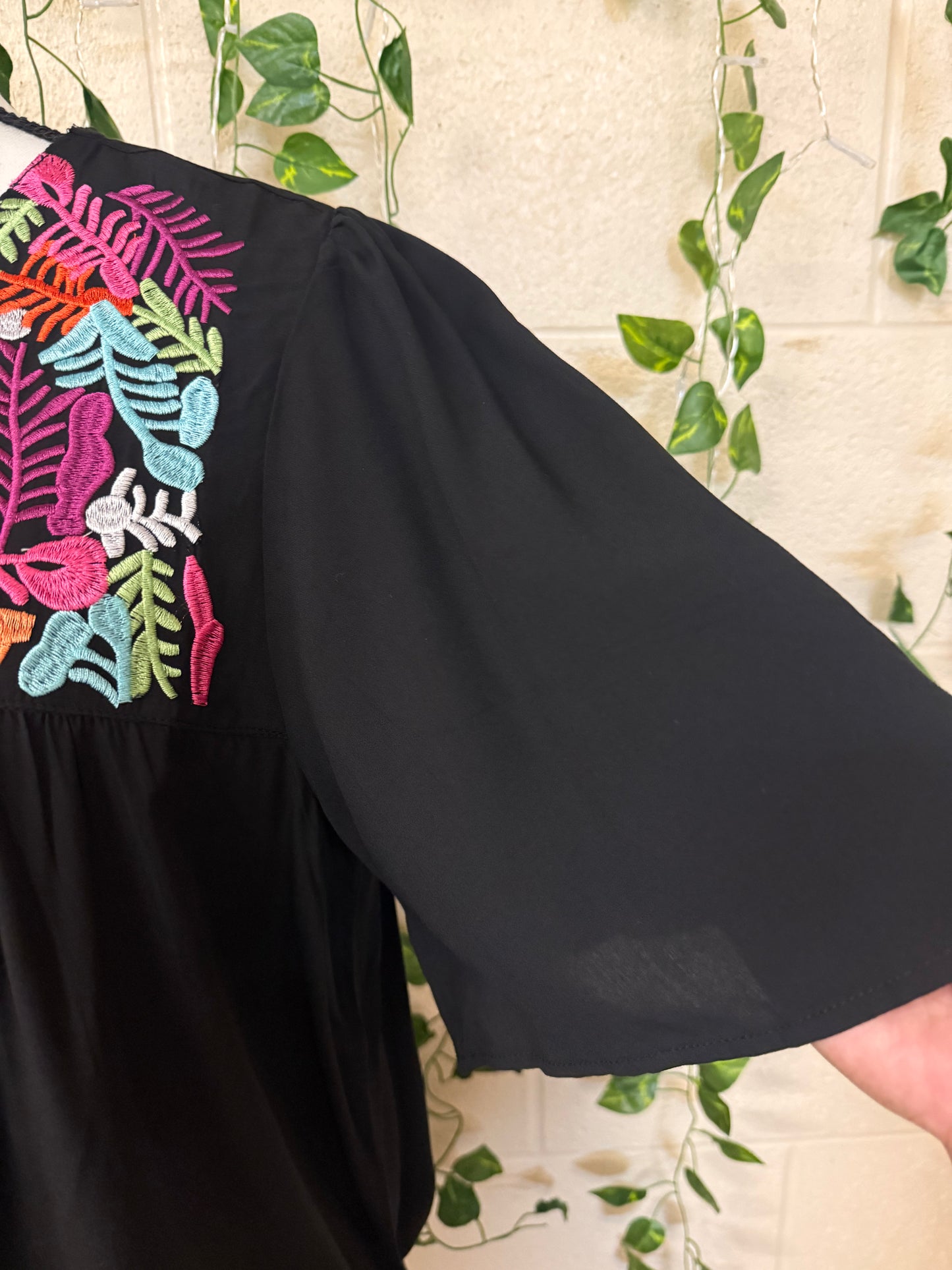Black Floral embroidery bell sleeve blouse