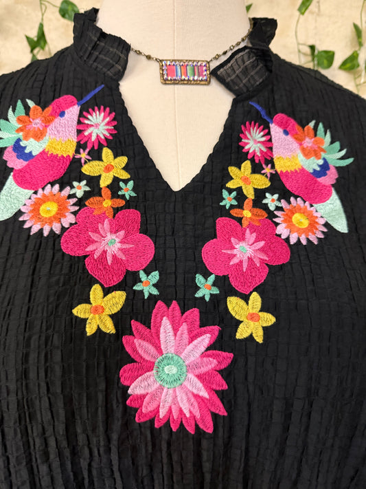 Multi-color birds embroidery blouse
