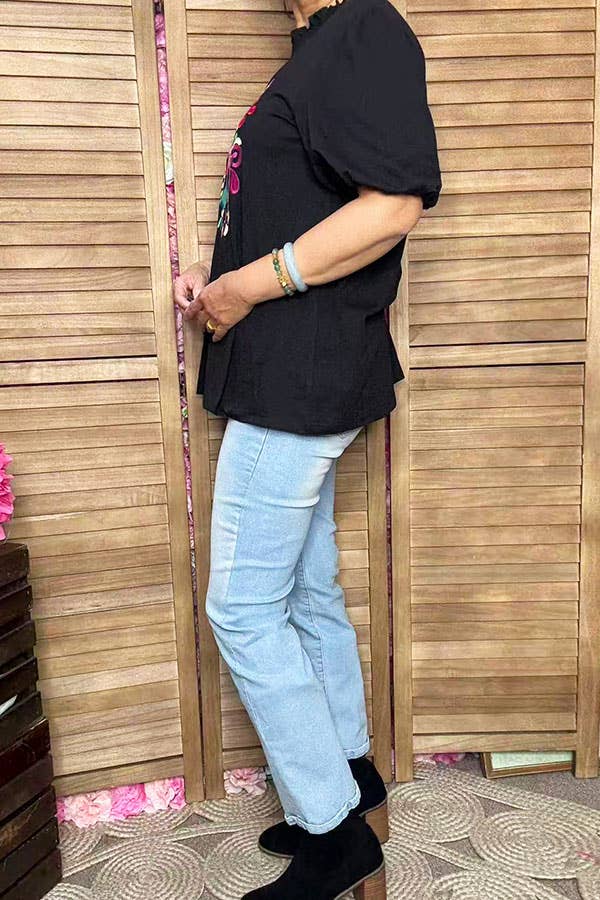 Floral embroidery black puff sleeve women top XCH16738