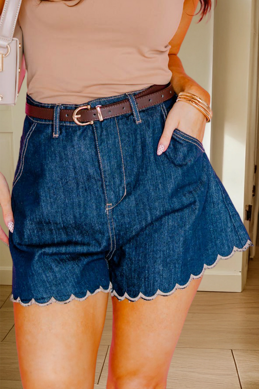 Scalloped Trim Relaxed Denim Shorts