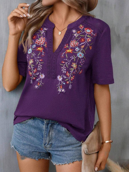 Boho Floral Embroidered Split Neck Short Sleeve