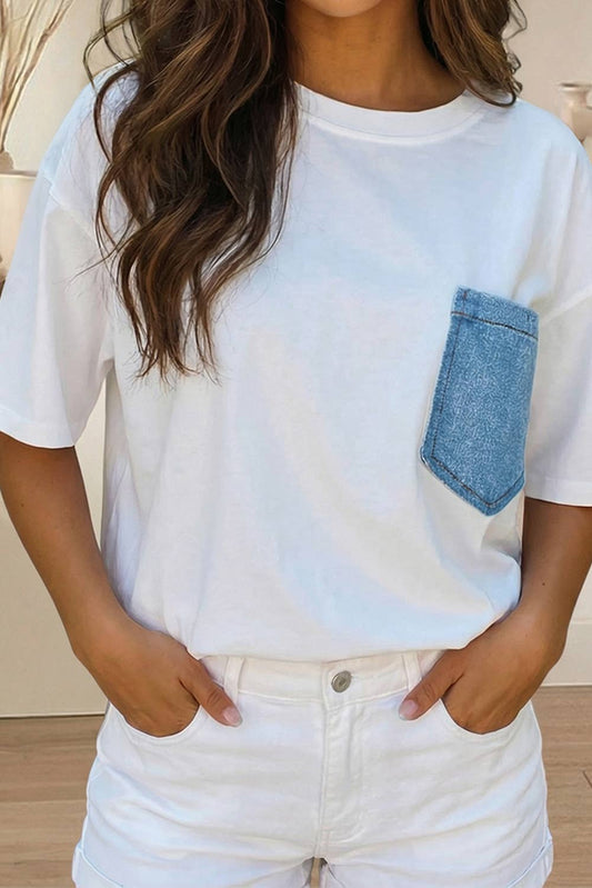 Denim Print Chest Pocket Short Sleeve Top