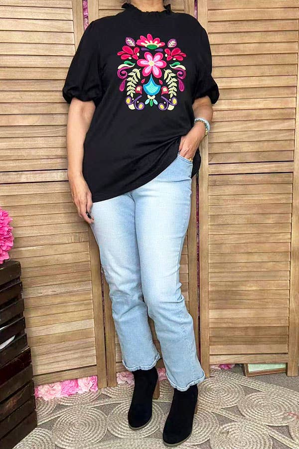 Floral embroidery black puff sleeve women top XCH16738