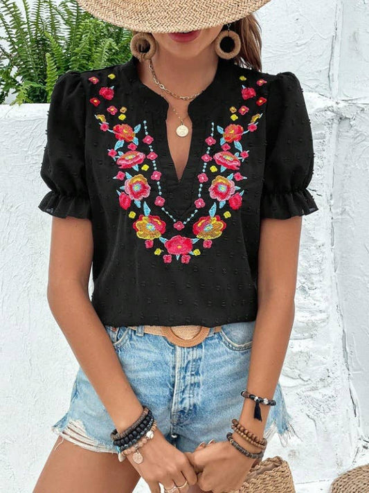 Puff Sleeve Embroider Shirt
