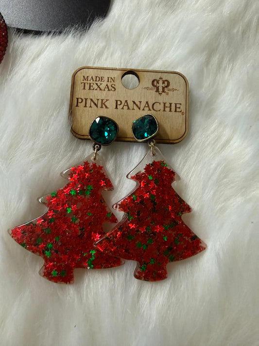 10mm bronze/emerald cushion cut post on red glitter acrylic Christmas tree earring