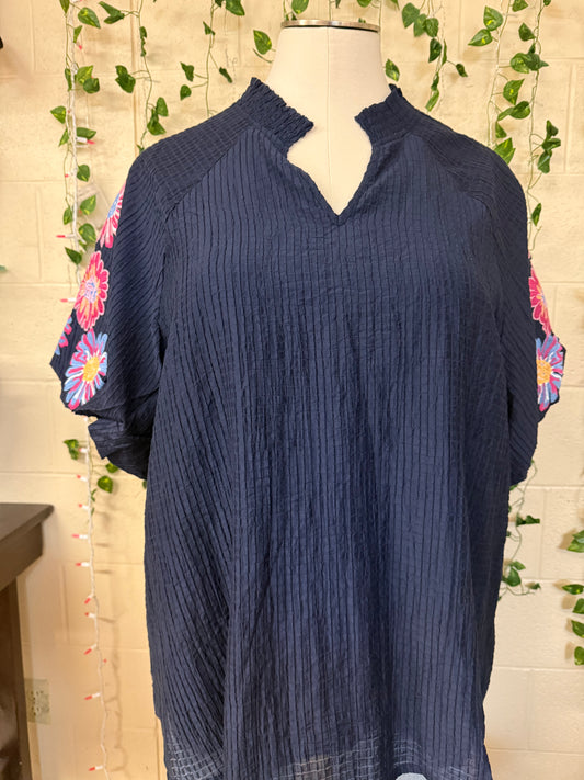 Blue Flower embroidered textured Blouse