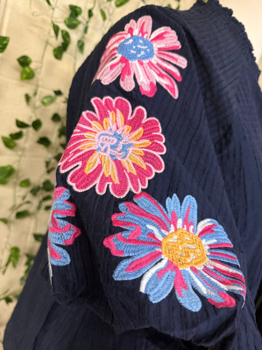 Blue Flower embroidered textured Blouse