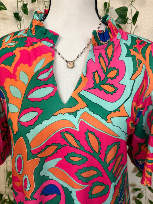 Multi-color floral bell sleeves