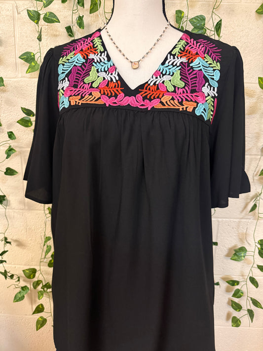 Black Floral embroidery bell sleeve blouse