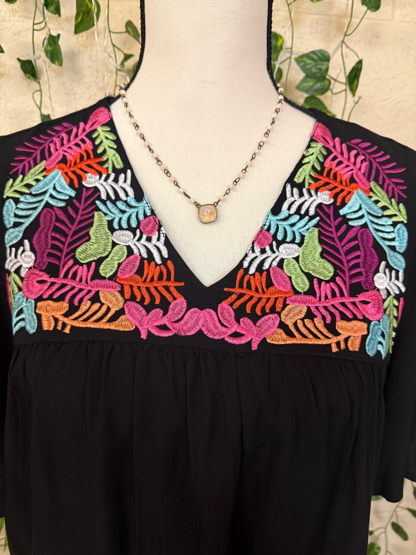 Black Floral embroidery bell sleeve blouse