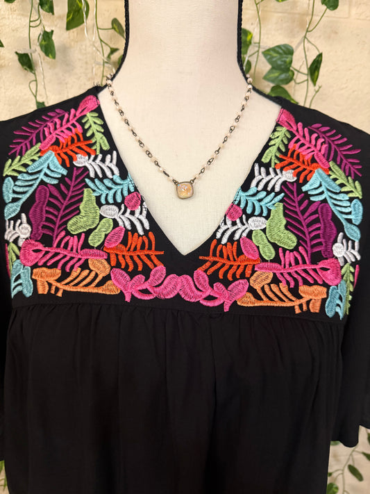 Black Floral embroidery bell sleeve blouse