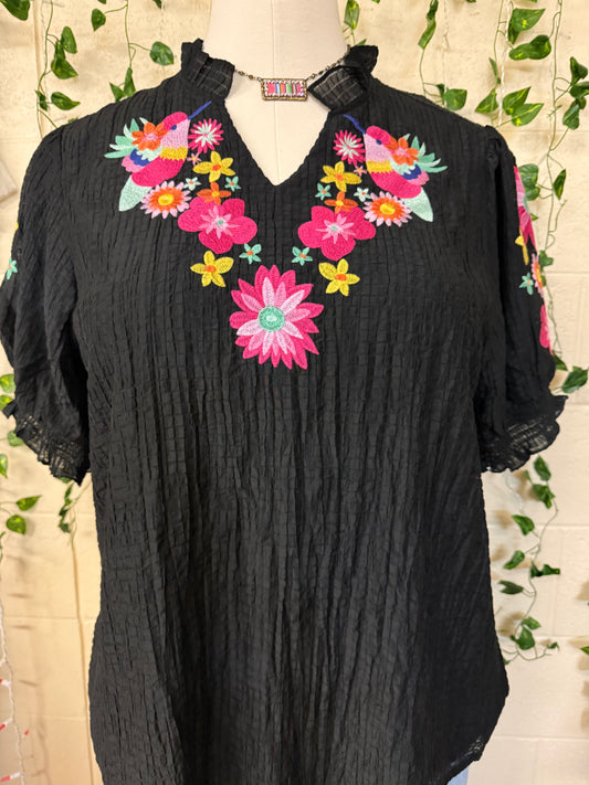 Multi-color birds embroidery blouse