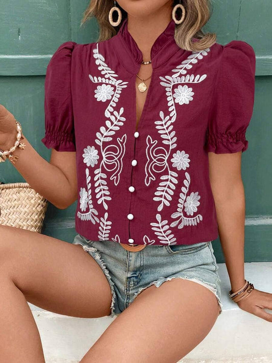 Embroidered Button Bubble Sleeve