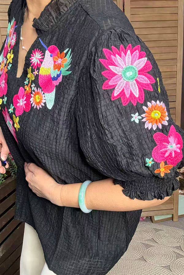 Multi-color birds embroidery blouse